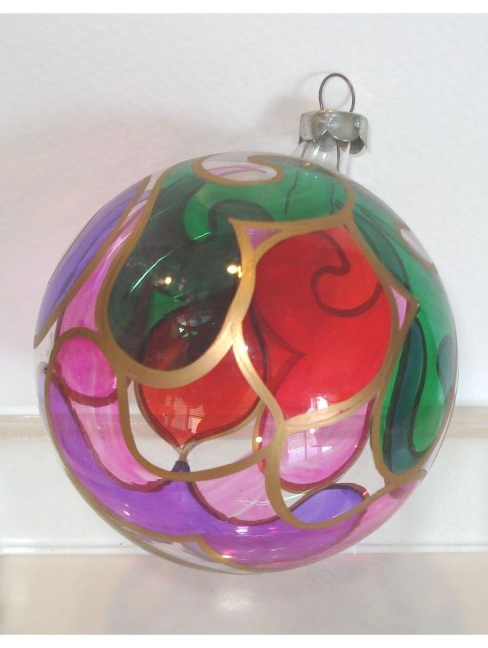 Vintage Glass Round Christmas Ornament Stained Glass Look Multi Color